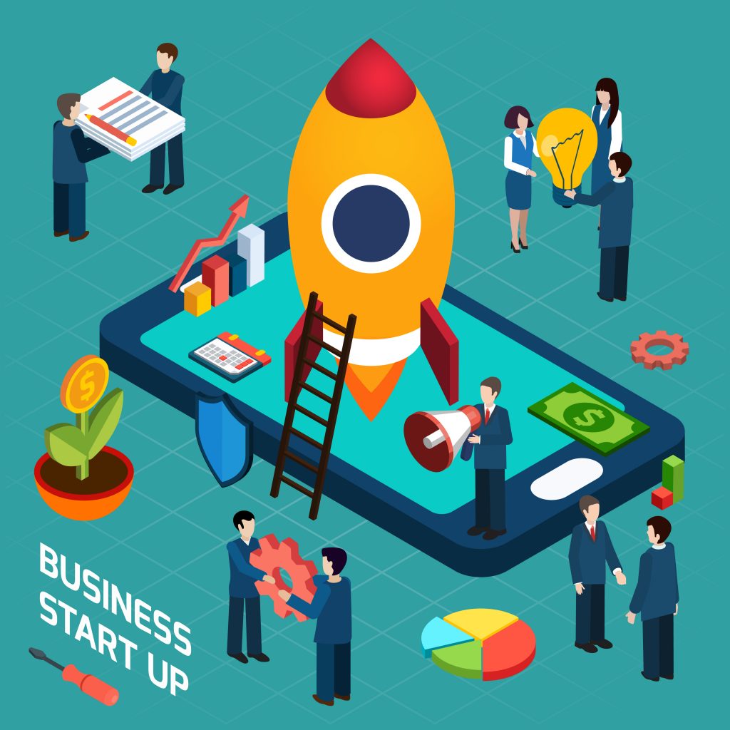Business startup launch concept isometric poster