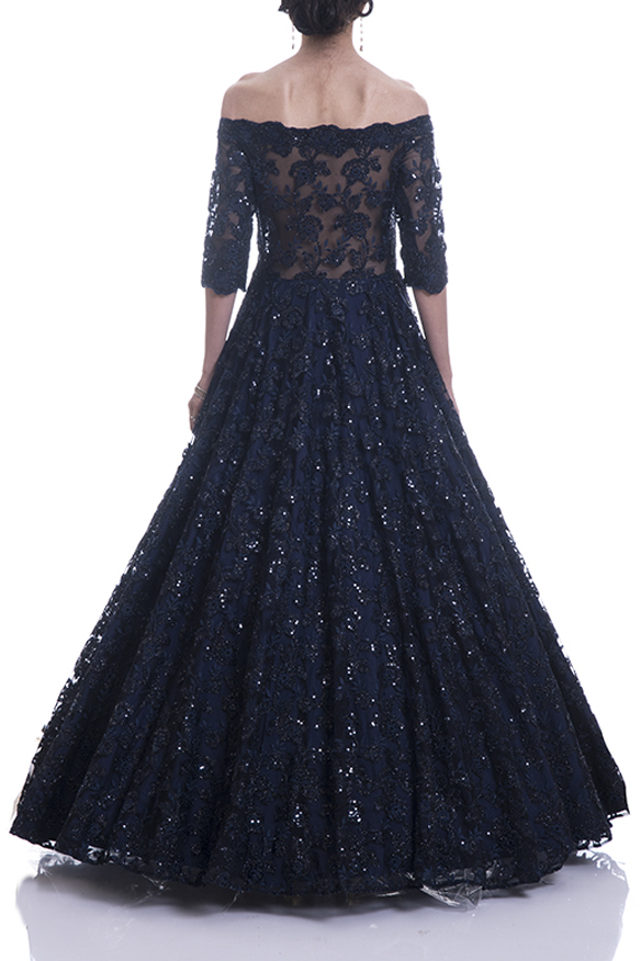 Navy Glossy Lace Gown